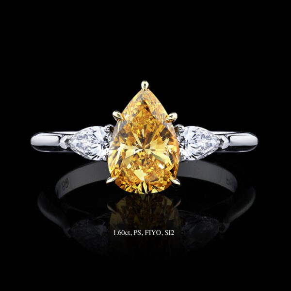 1.60 CT PEAR SHAPED FANCY INTENSE YELLOW ORANGE DIAMOND RING - #R9011