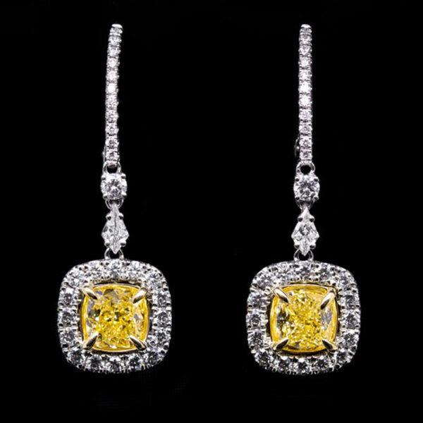 2.16 CT TOTAL WEIGHT FANCY YELLOW CUSHION DIAMOND EARRINGS - #RER-030