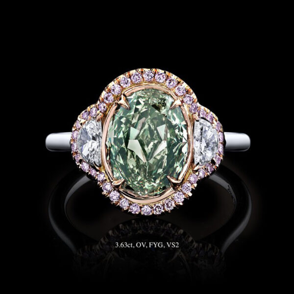 3.63 CT OVAL MODIFIED BRILLIANT CUT FANCY YELLOWISH GREEN DIAMOND RING - #R9000