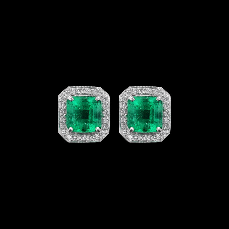 2.40CTTW EMERALD CUT EMERALD AND DIAMOND EARRINGS - #ER46323