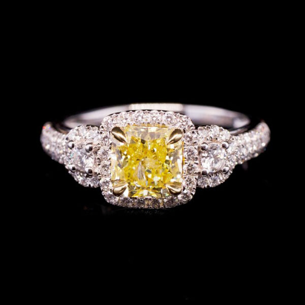 1.28CT CUSHION CUT FANCY INTENSE YELLOW DIAMOND RING - STYLE # RR-196