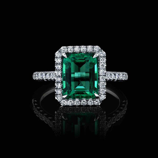 2.91CT STEP CUT GREEN EMERALD & DIAMOND RING - STYLE #RR-101