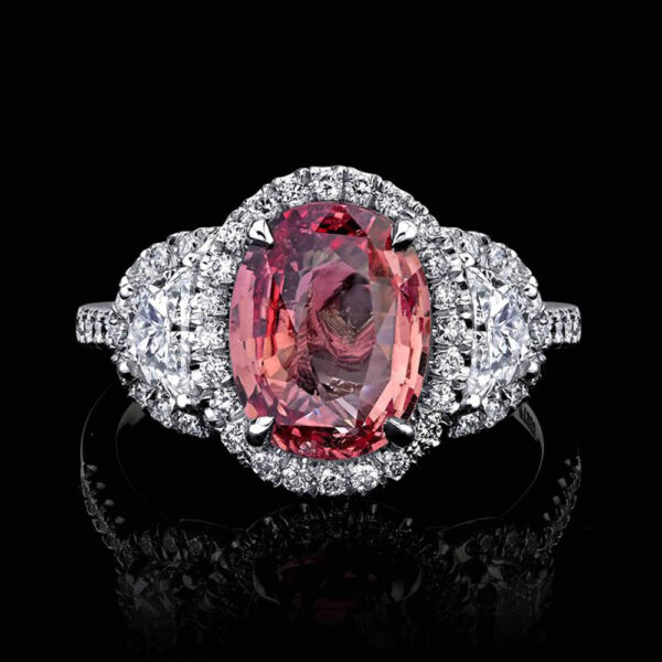 3.44CT OVAL PINKISH ORANGE PADPARACHA AND DIAMOND RING - STYLE #RR-122