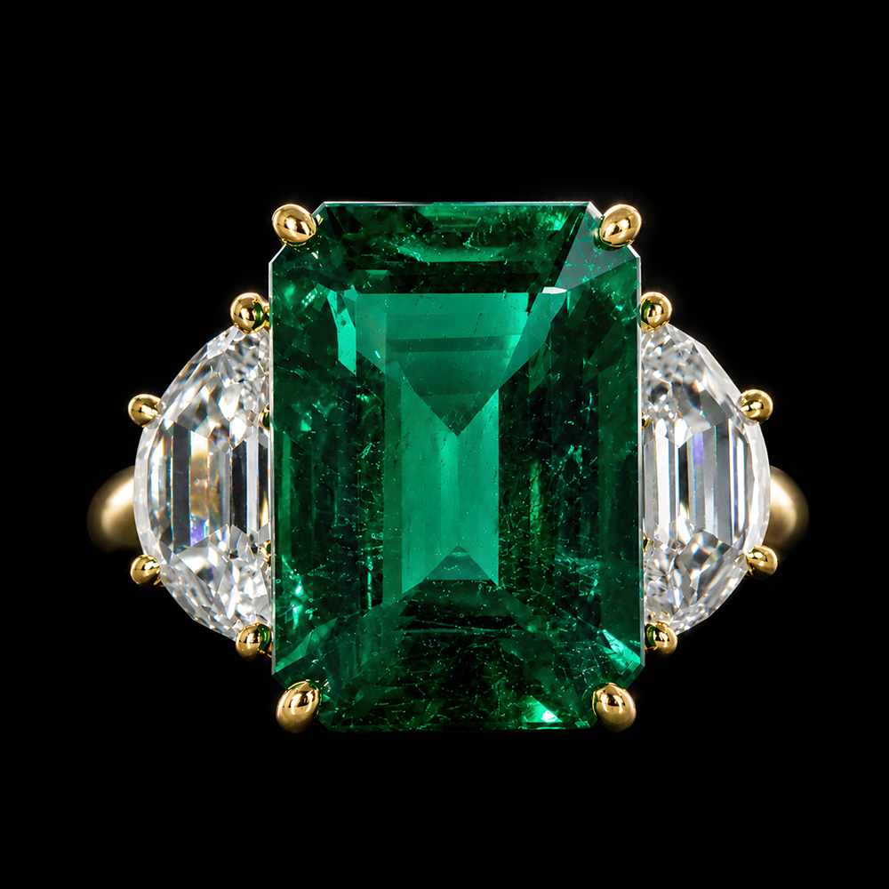 8.68CT STEP CUT GREEN EMERALD AND DIAMOND RING - STYLE #RW-1006