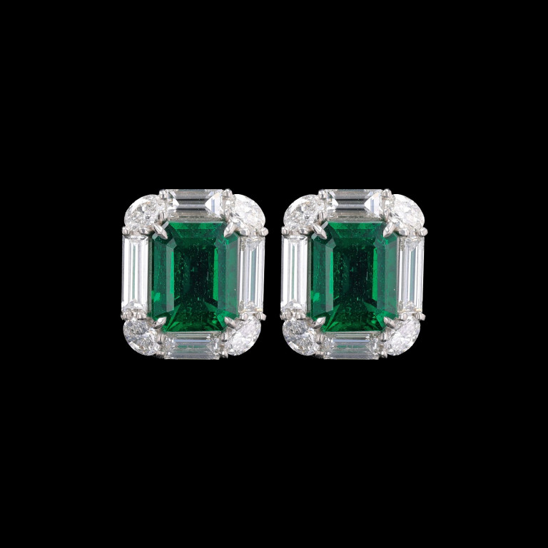 5.52CT ZAMBIAN EMERALD CUT EMERALD AND DIAMOND EARRINGS - #ER46379