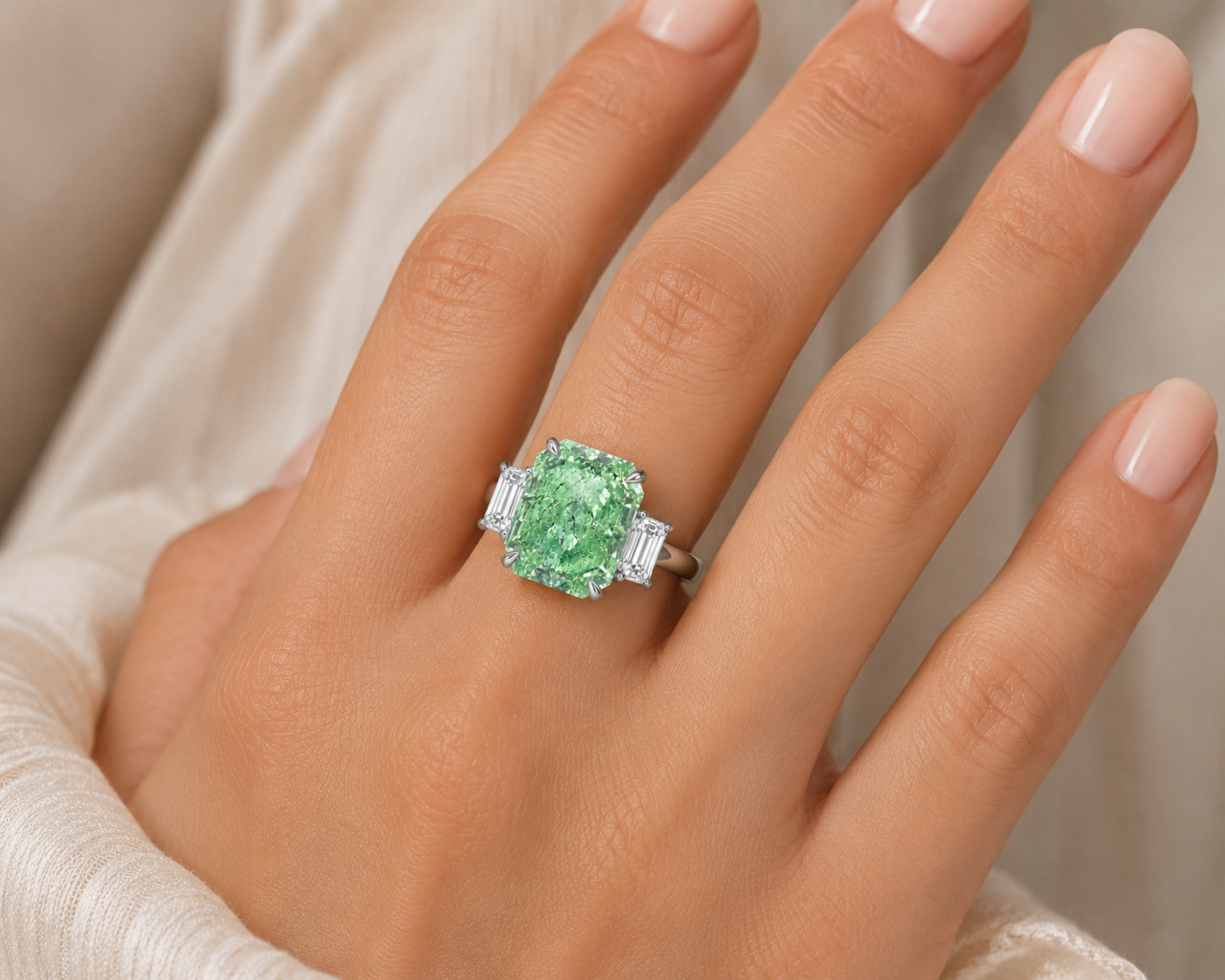 4.15CT CUSHION CUT FANCY INTENSE YELLOWISH GREEN DIAMOND RING - RN7577 - Image 5