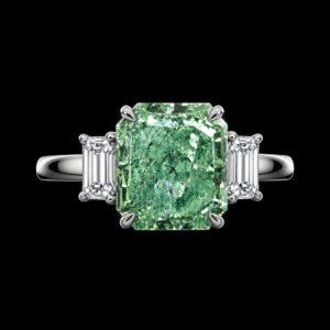 4.15CT CUSHION CUT FANCY INTENSE YELLOWISH GREEN DIAMOND RING - RN7577