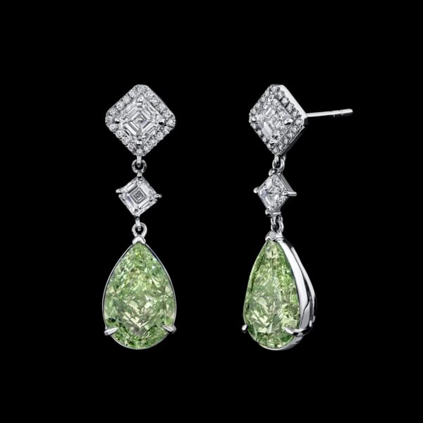 6.56CTTW PEAR CUT GREEN DIAMOND EARRINGS - #E9010 - Image 2