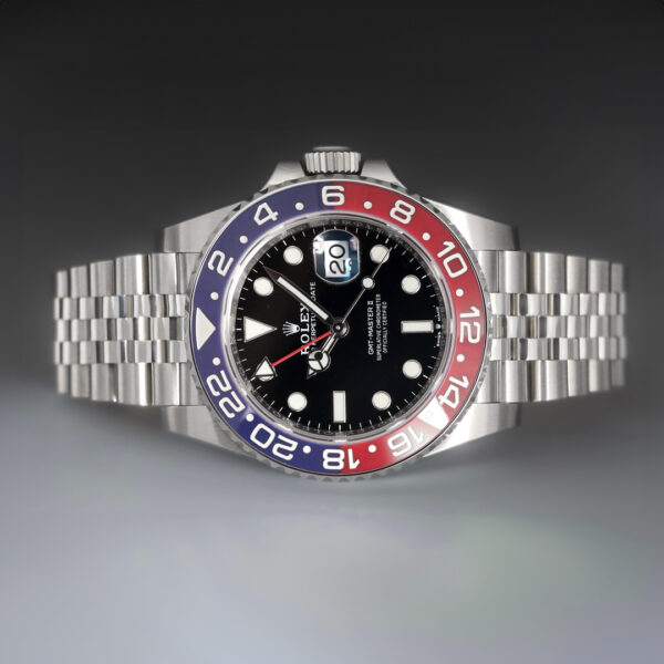 Rolex GMT Master II 40 mm SS Blue & Red Bezel Black Dial Jubilee