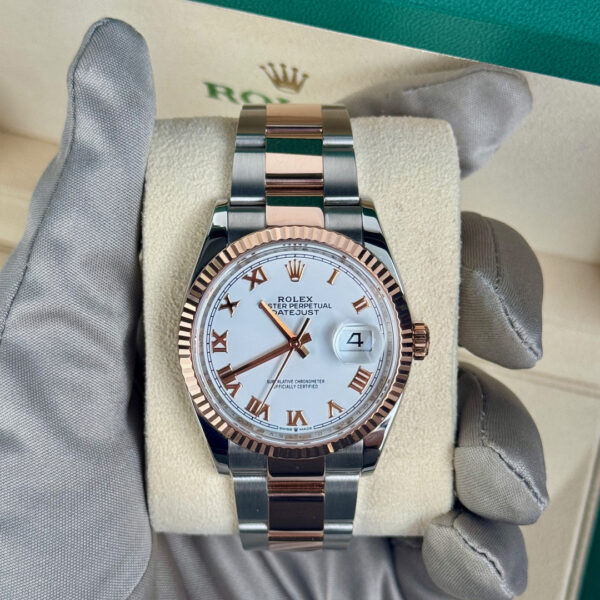 Rolex Datejust 36mm White Roman Dial Fluted RG/SS Oyster - Image 2