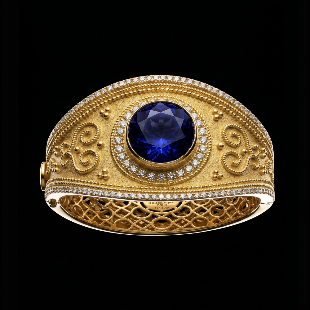 16.73CT TANZANITE 18K YELLOW GOLD AND DIAMOND BANGLE BRACELET- STYLE #GG-377