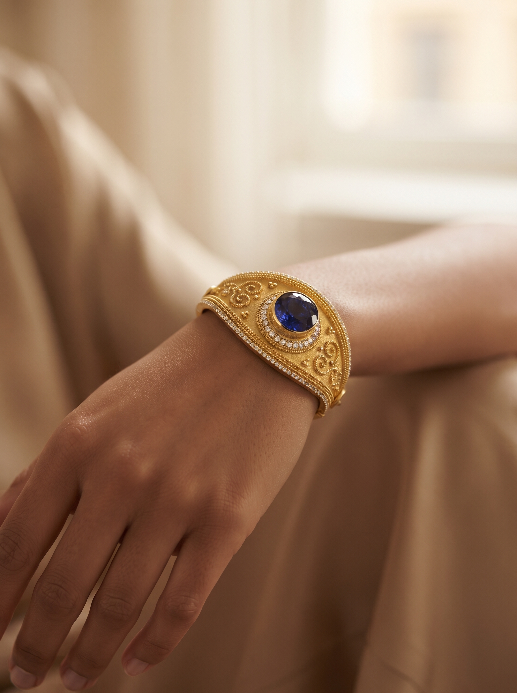 16.73CT TANZANITE 18K YELLOW GOLD AND DIAMOND BANGLE BRACELET- STYLE #GG-377 - Image 3