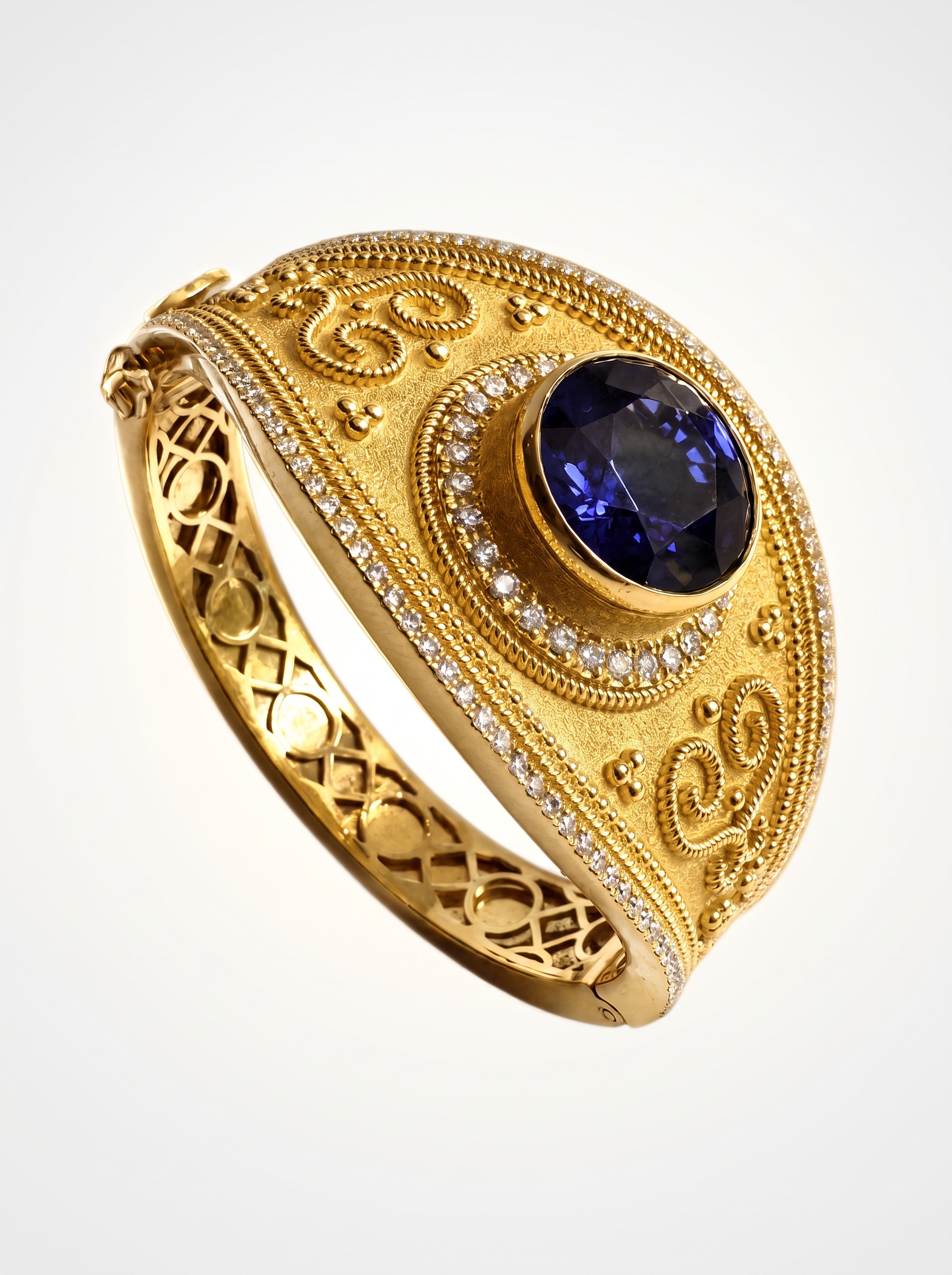16.73CT TANZANITE 18K YELLOW GOLD AND DIAMOND BANGLE BRACELET- STYLE #GG-377 - Image 7